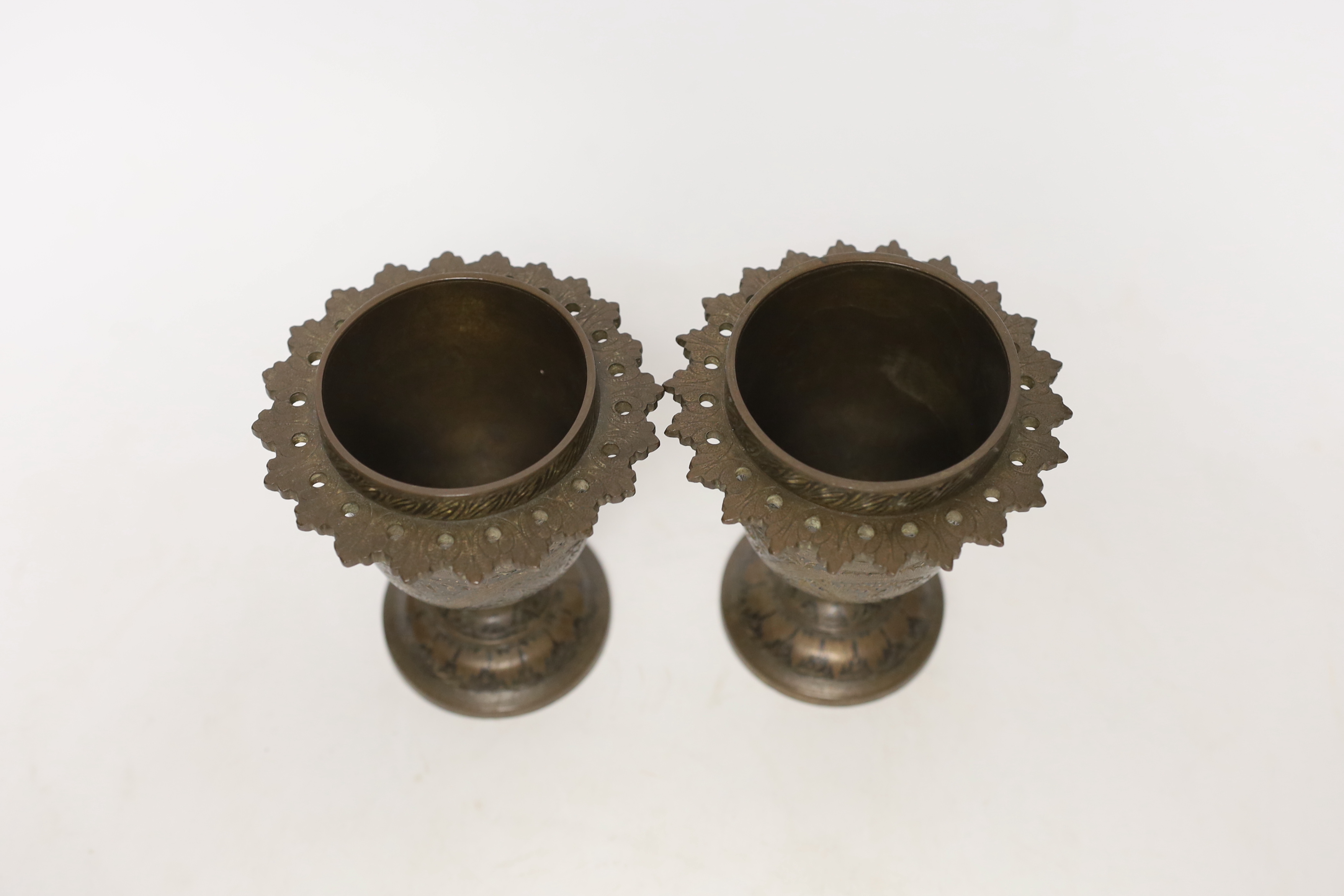 A pair of late 19th century Indian brass vases, 12cm high